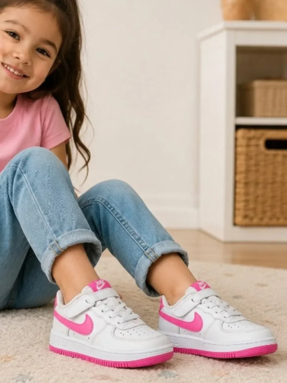 Nike Force 1 Low EasyOn Girls White Laser Fuchsia Sneaker Shoes Size US 10.5C